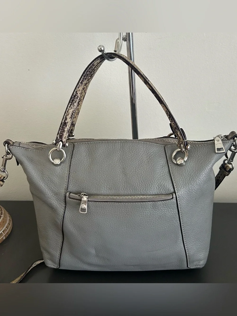 Coach Prairie Satchel Gray Pebbled Leather Crossbody Shoulder Bag Snake Trim